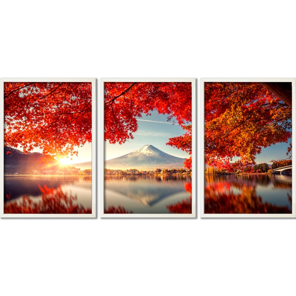 Kit Quadros Decorativos Paisagem Por do Sol Árvore Vermelha Monte Fuji
