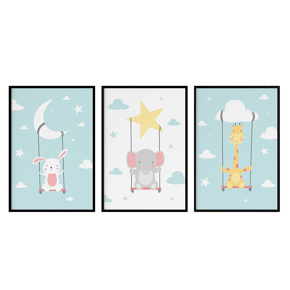 Kit Quadros Decorativos Infantil Coelho, Elefante e Girafa