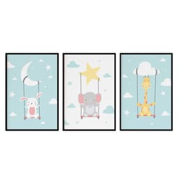 Kit Quadros Decorativos Infantil Coelho, Elefante e Girafa